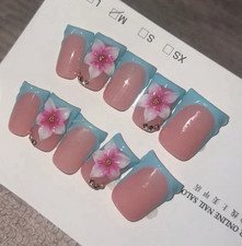 Press-On Nails Set Pink/Blue/White Square Sho...