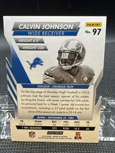 Calvin Johnson 2014 Panini Absolute Die-Cut #97 Detroit Lions HOF 39/49 - Picture 2 of 2
