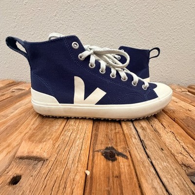 Veja Kids Navy Canvas High Top Sneakers White V Logo Lace Up Shoes Size 7