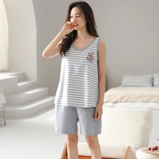 Summer Pyjamas With Chest Pad Women 100 Cotton Vest Pajamas Set Casual Soft M-4