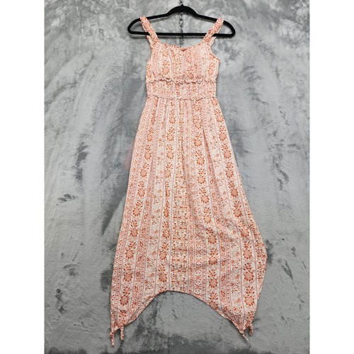 No Boundaries Dress Womens XS Orange Floral Sleeveless Hanky Hem Knotted Padded