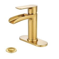 Single-Hole Bathroom Sink Faucet with Pop-up Drain Waterfall in Brushed Gold