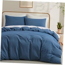 100 Washed Cotton Duvet Cover Size, Denim Fade-Resistant Natural Queen Blue