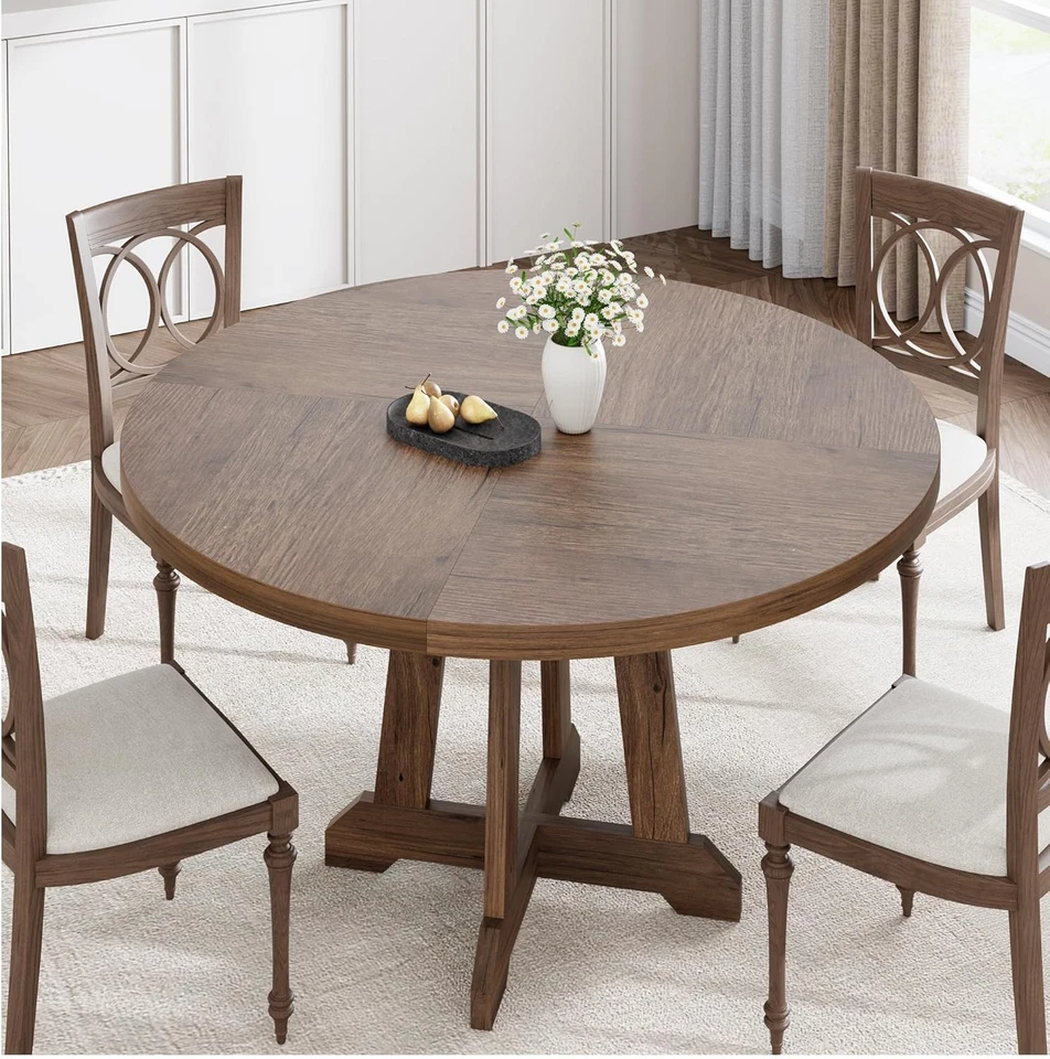 47" Round Dining Table Wooden Kitchen Table With Sturdy Legs Wood Dining Table - Image 4 of 4