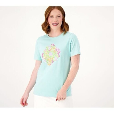 #ad Sport Savvy Floral Printed Jersey Crew Neck Tee Size XXS Blue QVC A587115 $10.67
