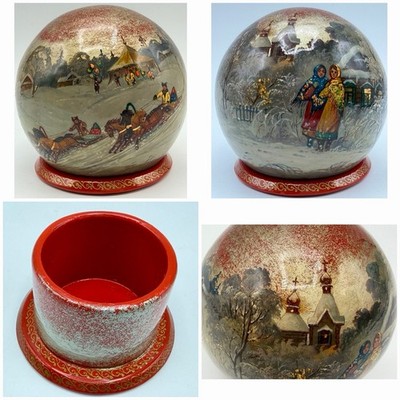 Vtg Hand Painted Russian Lacquer Sphere Winter Scene And Troika Folk Art Box