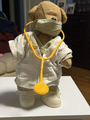 Plush Jointed 12'' Doctor Bear Wearing Hospital Scrubs, Face Mask
