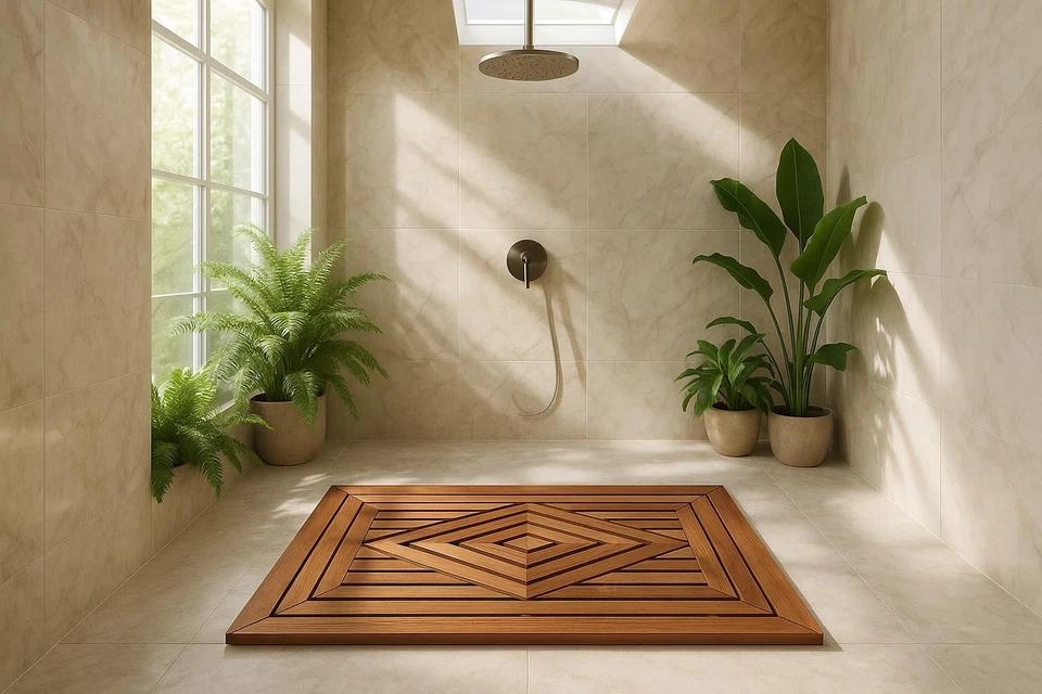 Designer Teak Shower Mat Large 31.5 X 19.5 Naturally Water-Resistant with Tea... - Image 2 of 4