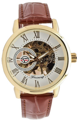 Forsining Mechanisch Handaufzug Uhr Edelstahl Gold Braun Leder Skelettuhr 42mm