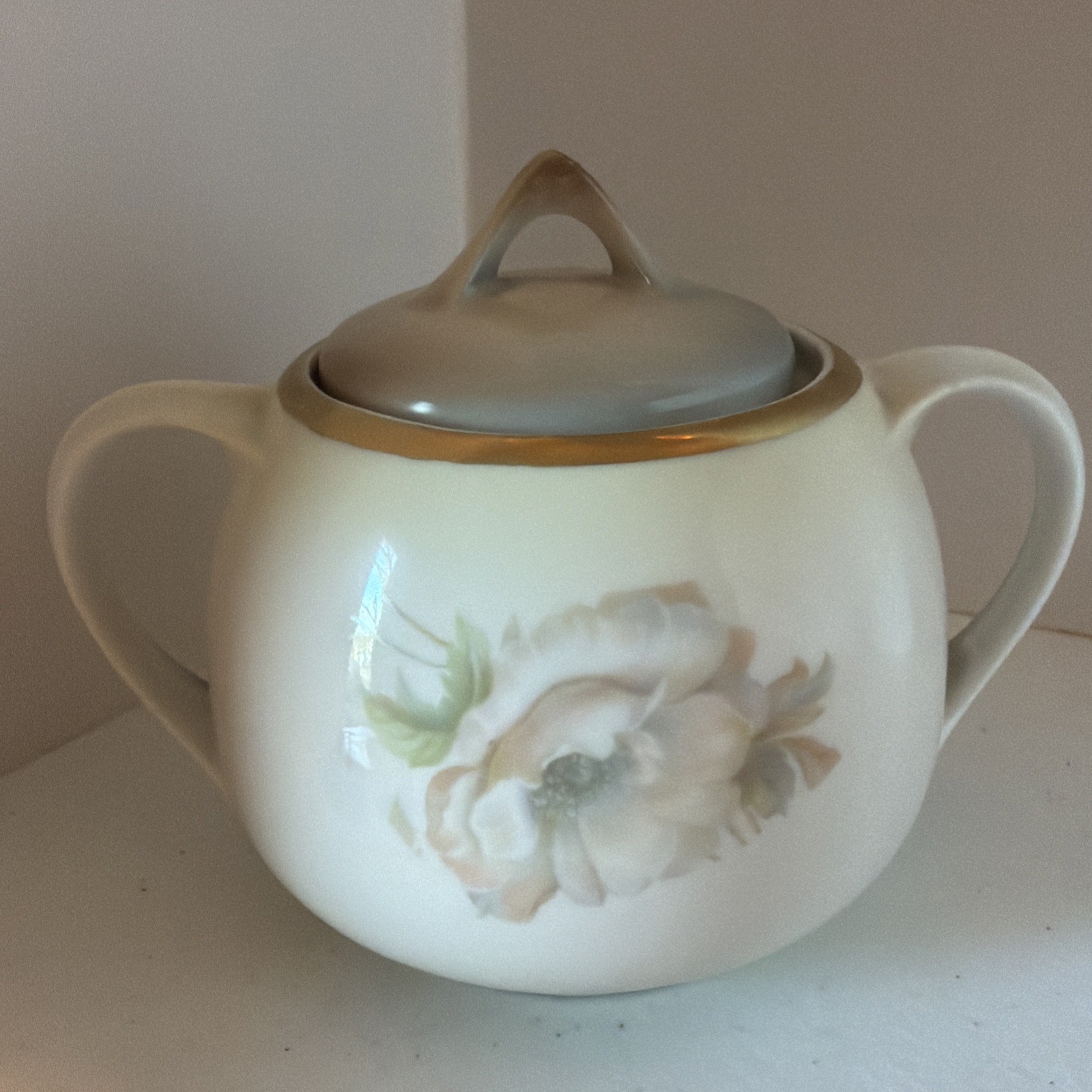 Germany Hand Painted Sugar Bowl w/ Lid Coral Cream Colored Roses