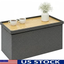 Reversible Lid Ottoman Bench Coffee Table Storage Extra Seating Durable Linen US
