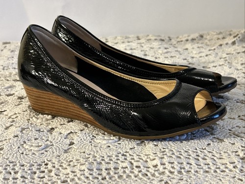 Cole Haan Air Tali Black Patent Leather Wedge Open Toe Shoes Size 7 B D37486