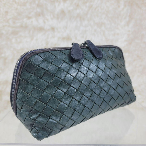 Bottega Veneta Intrecciato Leather Pouch Green Cosmetic Case Mini Bag Authentic