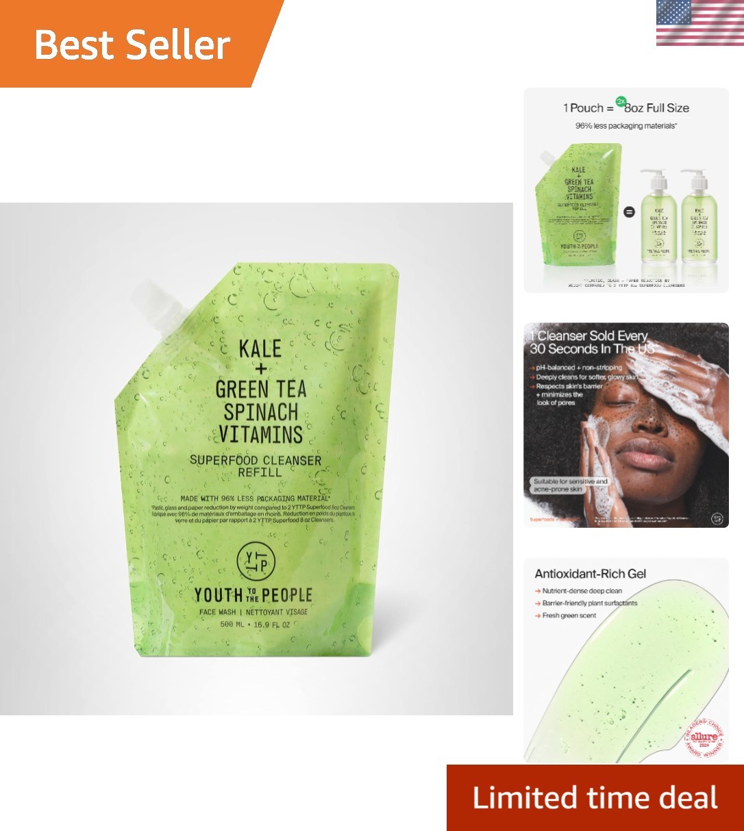 Superfood Facial Cleanser - Kale + Green Tea Daily Face Wash, Gentle Makeup R...