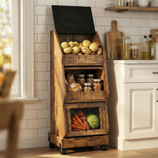 Potato Storage Bin Movable Bread Box with Lid Rustic and Wheels Onion Organizer 