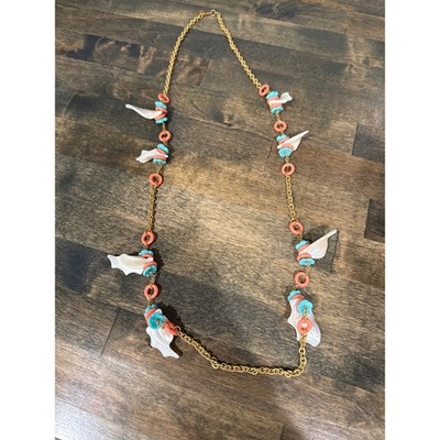 Miriam Haskell Vintage Shell Necklace Gold Tone Coral Turquoise Nautical Long