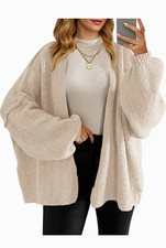 Women  s Beige Oversized Open-Front Knit Long Cardigan Jacket L/XL
