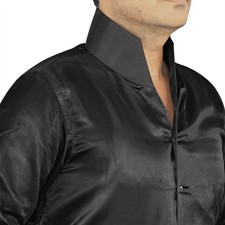 Men's Evening Wedding Party High Open Collar Glossy Shiny Silk Satin Black Shirt