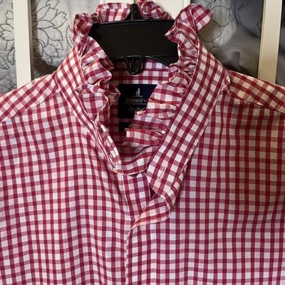 Reworked Upcycled johnnie-O Red(Pink)/White Gingham Ruffle Collar Shirt, Sm-Med
