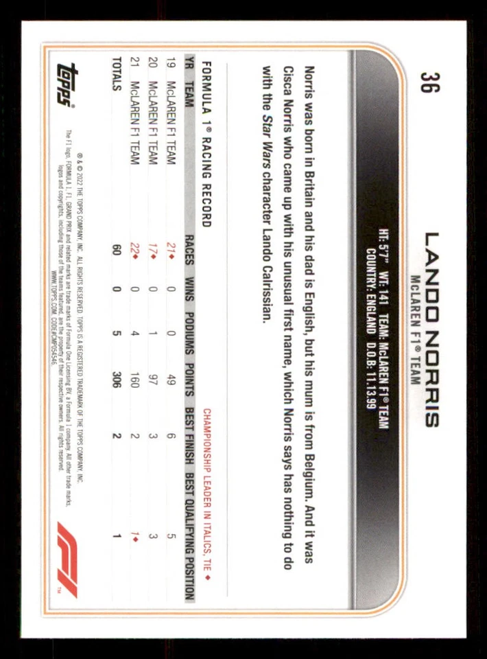 2022 Topps Formula 1 #36 Lando Norris - Image 2 of 2