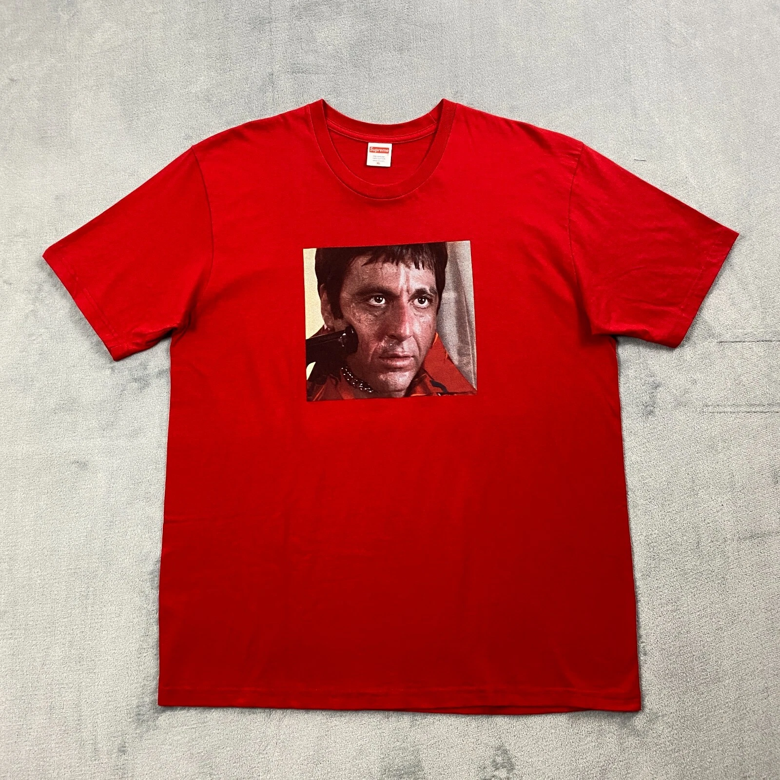Supreme FW17 SCARFACE SHOWER TEE hommes XL rouge deux faces graphique tronçonneuse t shirt