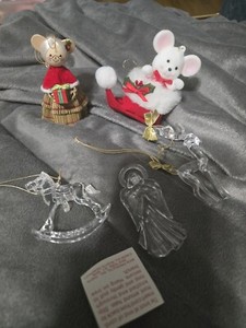 Vtg Avon Christmas Ornaments Flocked Bear In Stocking Acrylic Ornaments & Mouse