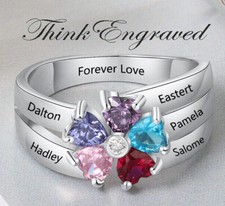 Personalized Mother's Ring 5 Birthstones 5 Engraved Names Flower Design
