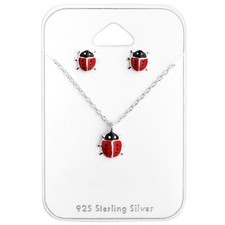 Ladybug Lucky Charm Necklace 925 Silver - Kids Women Stud Earrings Set