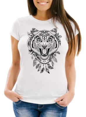 Damen T-Shirt Tiger Boho Zentangle Bohamian Atzec Federn Traumfänger Slim Fit