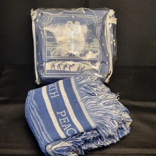 Mohawk Home Throw Blanket Nativity "Peace On Earth" Blue White Fringed 2001 USA