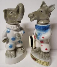 PAIR OF 1968 DEMOCRAT & REPUBLICAN MULE ELEPHANT CIRCUS JIM BEAM DECANTER EMPTY