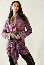 Free People Silky Rillo Shirtdress Purple Geometric Print Long Sleeve NWOT Small