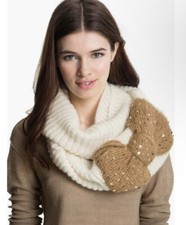 Betsey Johnson Infinity Knitted Scarf Wrap Off White Sequin Brown Bow