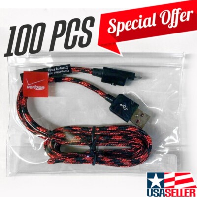 Wholesale Lot of 100 Original Verizon Retail Braided MicroUSB Charge Cable w/LED
