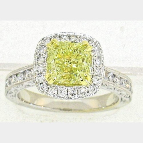 2.96CT.Natural Fancy Yellow Cushion Diamond 18KG Diamond Halo Ring. GIA Cert. - Picture 3 of 5