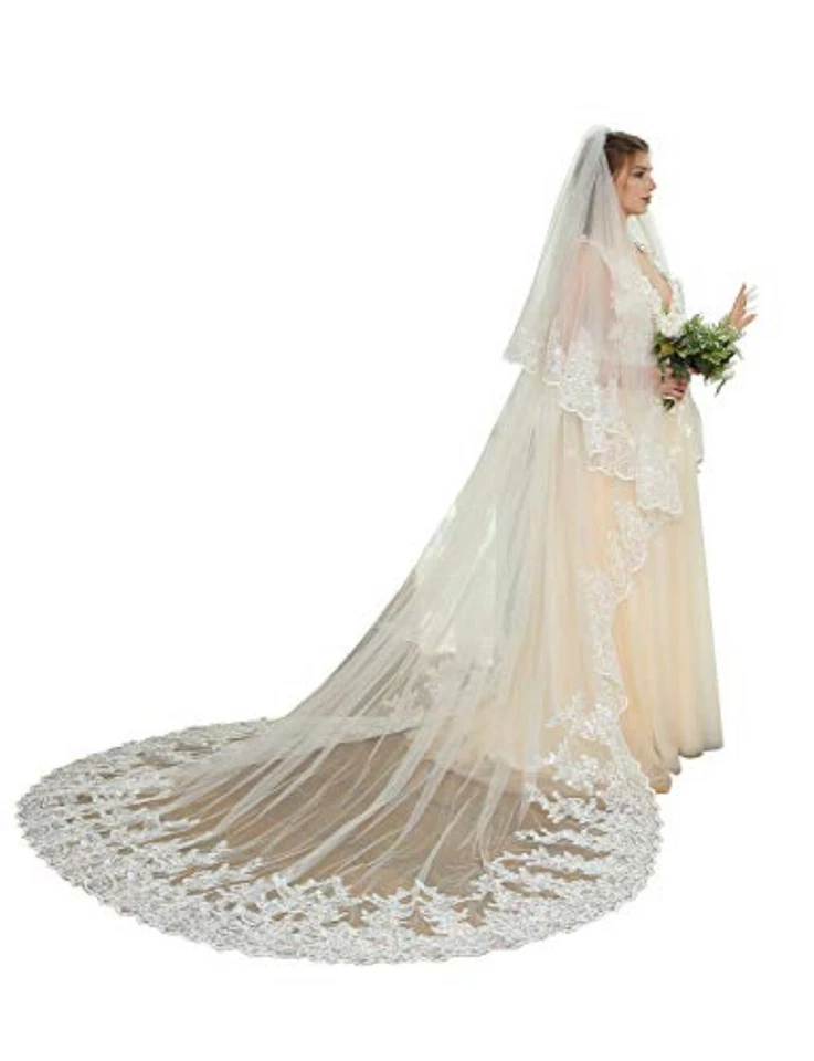 Velo de boda 2 niveles longitud catedral colorete nupcial encaje borde floral con peine Foto 2 de 4