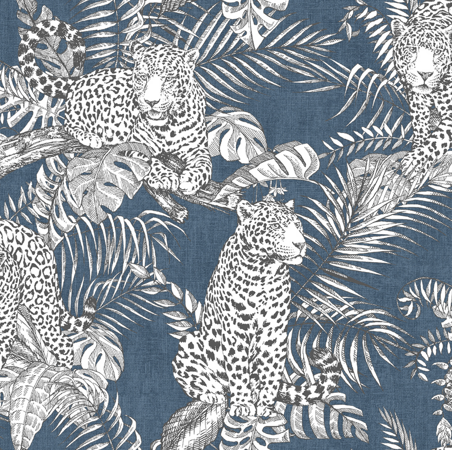 MURIVA MAMBOA BLUE TROPICAL JUNGLE PALM LEOPARD EXOTIC WALLPAPER 173523