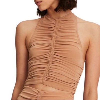 ALC Womens Adrienne Ruched Tank L Tan High Neck Chic Crop Party Going Out Top