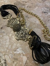 Vintage Belt Gold Sun Metal Buckle Waxed Cotton Cord Boho Lagenlook Black Xxl