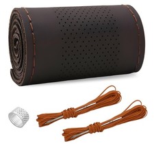 Genuine Leather Steering Wheel Cover Middle Hole Coffee Stitch On Wrap Anti Slip