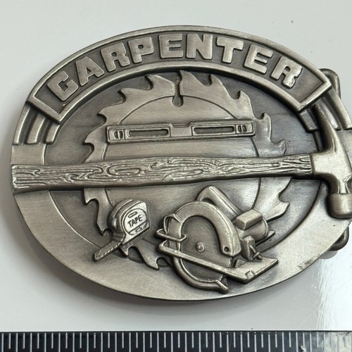 Siskiyou Carpenter Belt Buckle 1991 Pewter Hammer Saw Tape Measure Tool Design - Picture 10 of 11