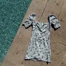 Reformation Light Blue Gingham Garden Floral Puff Sleeve Dress M