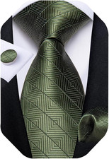 Mens Tie Set Silk Solid Paisley Necktie and Pocket Square Olive Green