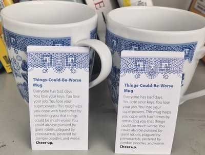 calamitywear ''Things Could Be Worse'' Set of 2 12 fl oz Blue & White Ceramic Mugs