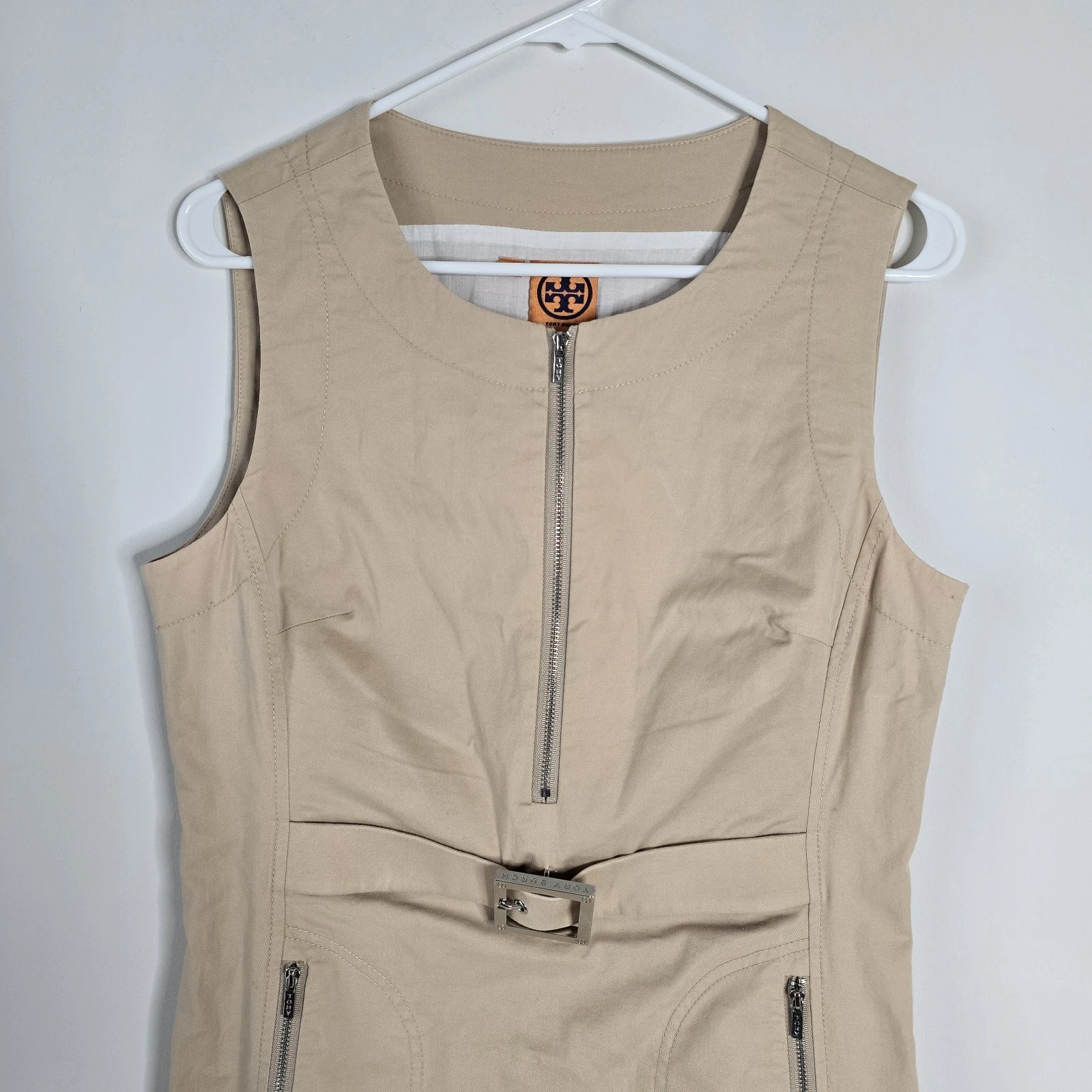 Abito tubino Tory Burch senza maniche mezza zip con cintura davanti taglia 10 marrone neutro