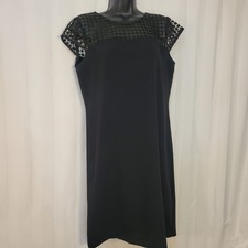 CALVIN KLEIN Dress Little Black Illusion Sequin Knit Yoke Cap Sleeve Shift S 6