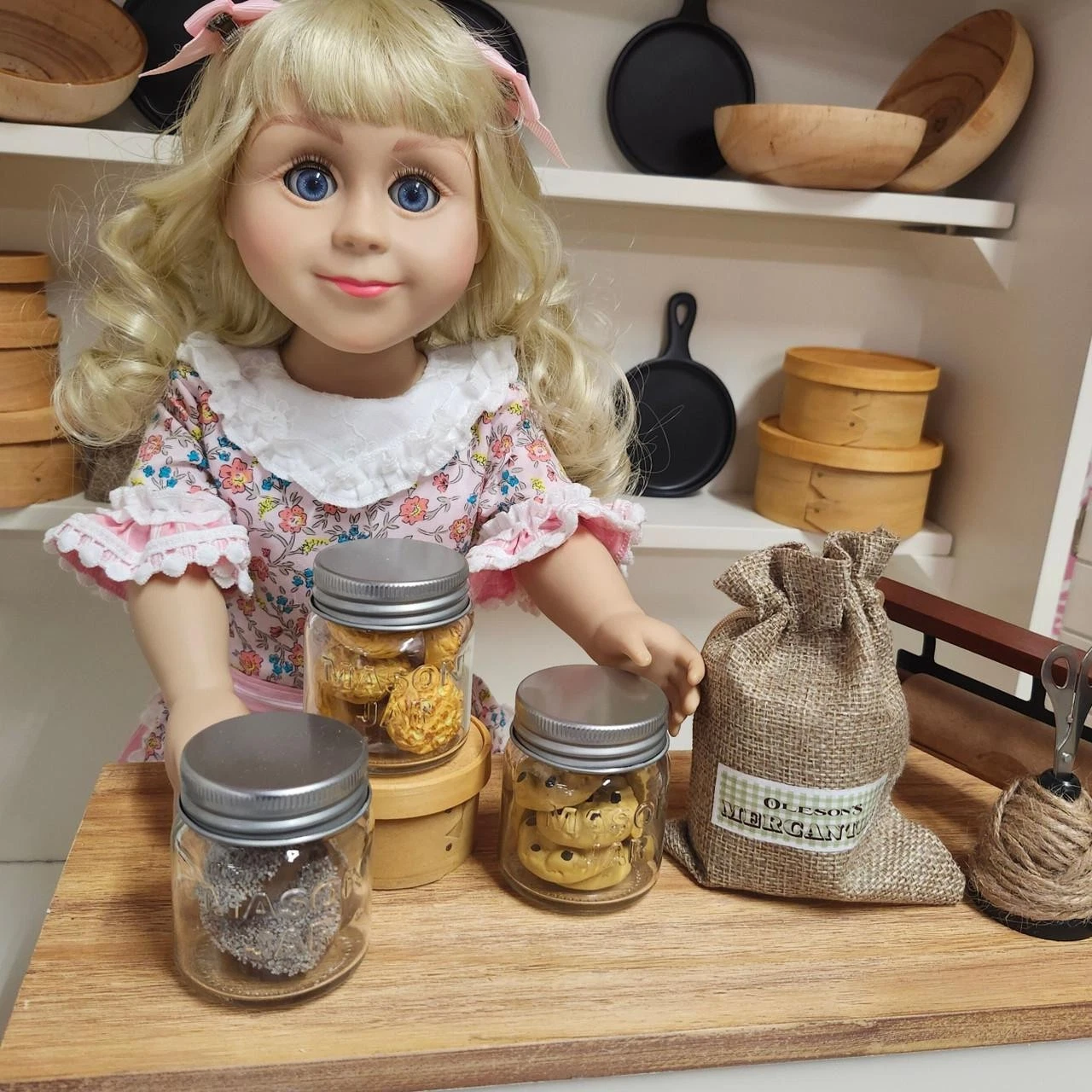 18 In Doll Store Stock 3 GLASS Mason Jars with Cookies in Bags Fit American Girl