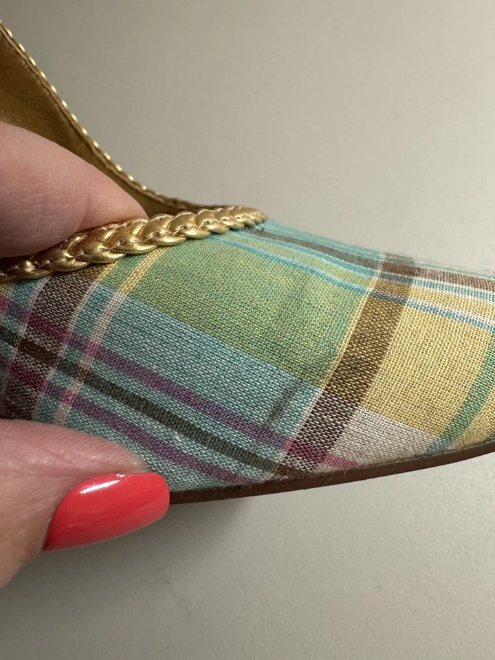 Naughty Monkey Shoes High Heels Blue Pink White Preppy Plaid Gold Trim Bows Sz 8 - Image 3 of 4