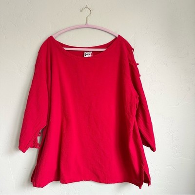 Drawstrings of Malibu Women's Red Lattice Sleeve Pre-Shrunk Cotton Tunic Top 3XL