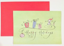 Box/10 Green Christmas Greeting Card with Red Envelopes Design Design Kitty Cat